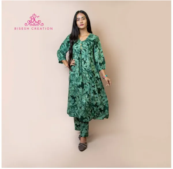 Bisesh Creation Green Single Button Umbrella Kurtha Pant Set Printed For Women